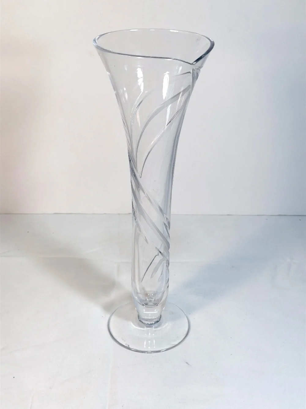 Rogaska Crystal Trumpet Vase Etched Spiral Swirl w/ Small Lip 12